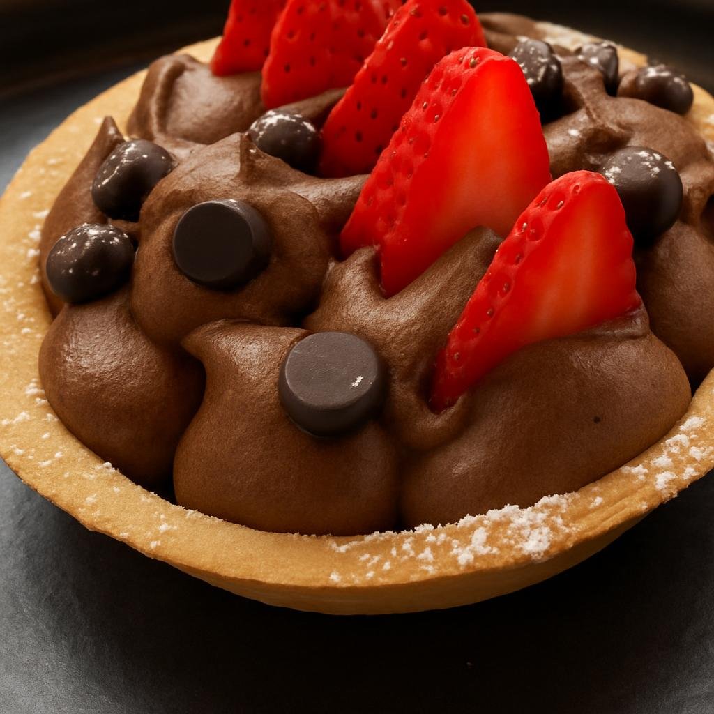 A chocolate tart topped with strawberries and chocolate chips at Frèd.