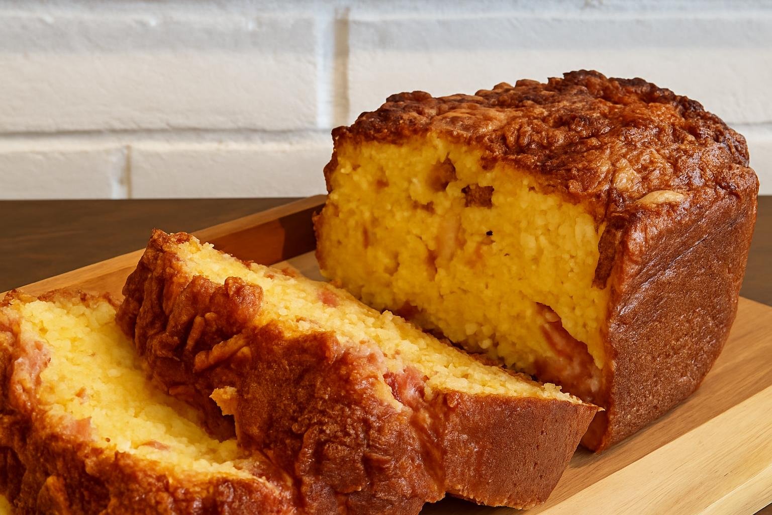 A sliced savoury loaf cake with a bacon and pecan crust.