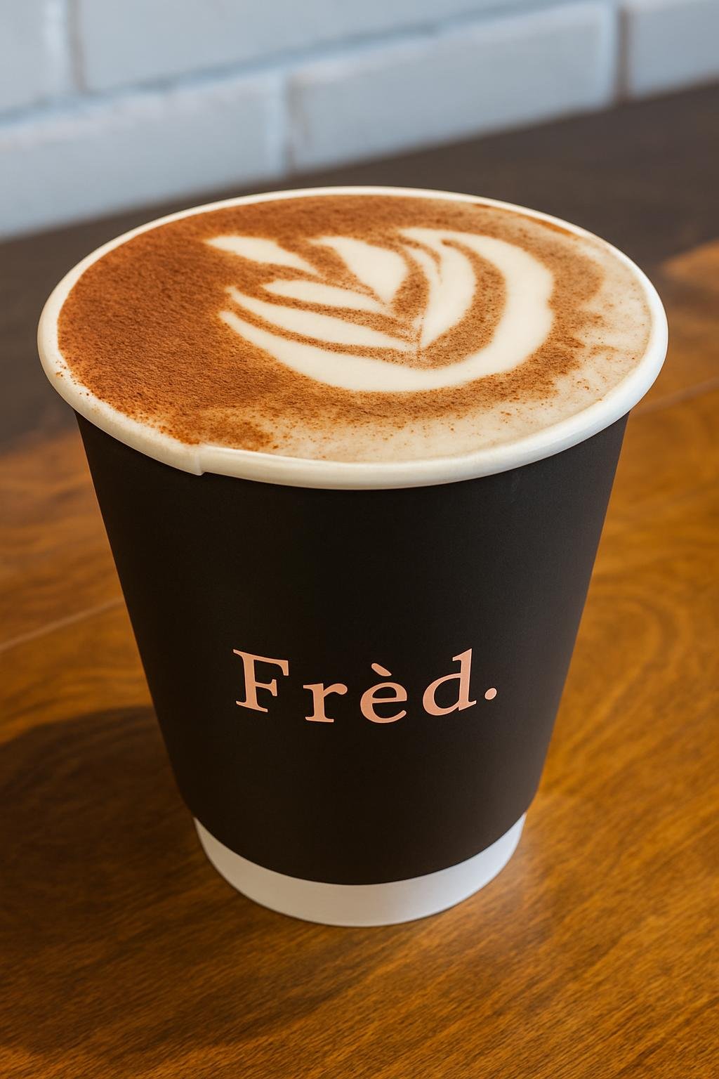 A cocoa-dusted latte in a Frèd. takeaway cup, foam leaf pattern, on a wooden table.